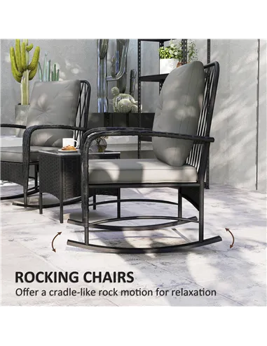 Outsunny Three-Piece Rocking Chair Rattan Bistro Set - Black