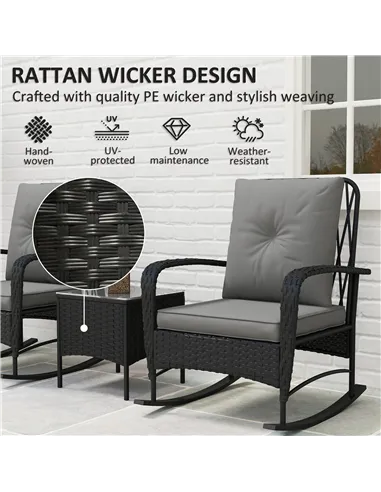 Outsunny Three-Piece Rocking Chair Rattan Bistro Set - Black