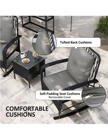 Outsunny Three-Piece Rocking Chair Rattan Bistro Set - Black