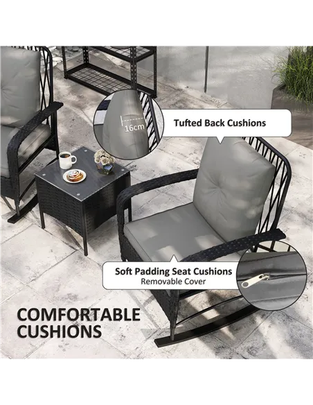 Outsunny Three-Piece Rocking Chair Rattan Bistro Set - Black
