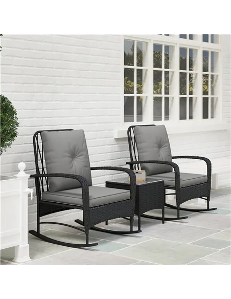 Outsunny Three-Piece Rocking Chair Rattan Bistro Set - Black