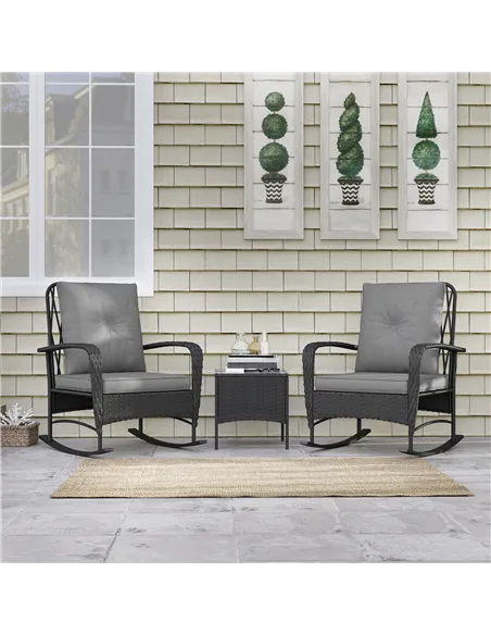 Outsunny Three-Piece Rocking Chair Rattan Bistro Set - Black