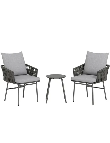 Outsunny 3-Piece Rattan Bistro Set, Garden Table and Chairs with 4 Cushions, Patio Rattan Conversation Furniture Set for Balcony