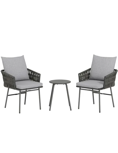 Outsunny 3-Piece Rattan Bistro Set, Garden Table and Chairs with 4 Cushions, Patio Rattan Conversation Furniture Set for Balcony