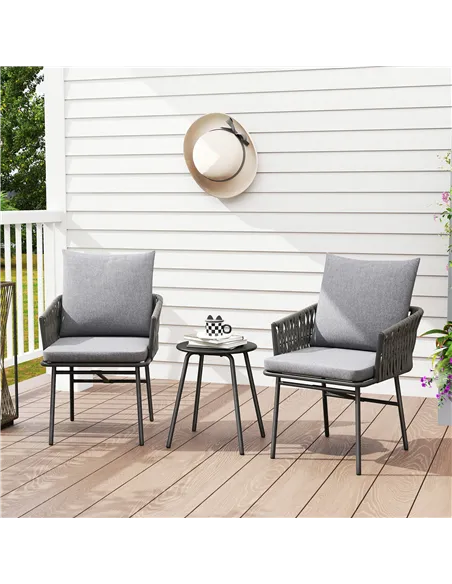 Outsunny 3-Piece Rattan Bistro Set, Garden Table and Chairs with 4 Cushions, Patio Rattan Conversation Furniture Set for Balcony