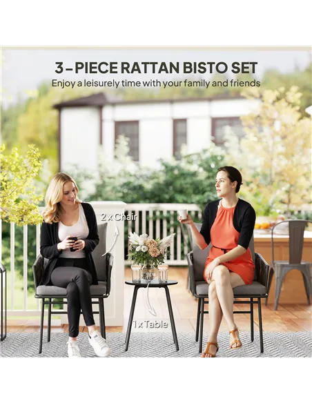 Outsunny 3-Piece Rattan Bistro Set, Garden Table and Chairs with 4 Cushions, Patio Rattan Conversation Furniture Set for Balcony