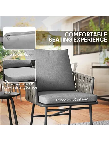 Outsunny 3-Piece Rattan Bistro Set, Garden Table and Chairs with 4 Cushions, Patio Rattan Conversation Furniture Set for Balcony