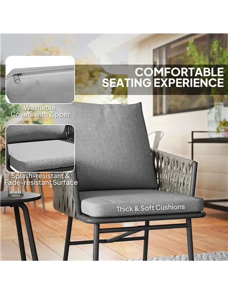 Outsunny 3-Piece Rattan Bistro Set, Garden Table and Chairs with 4 Cushions, Patio Rattan Conversation Furniture Set for Balcony