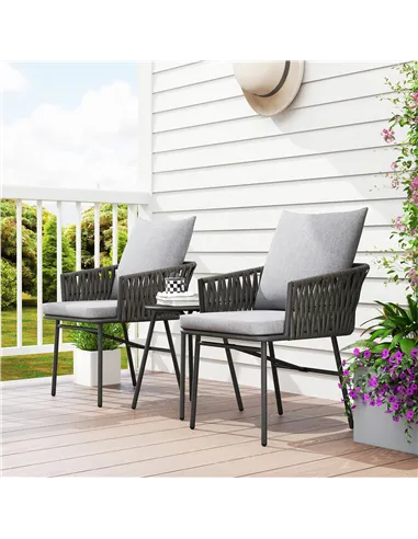 Outsunny 3-Piece Rattan Bistro Set, Garden Table and Chairs with 4 Cushions, Patio Rattan Conversation Furniture Set for Balcony
