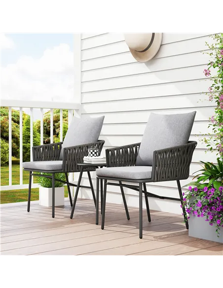 Outsunny 3-Piece Rattan Bistro Set, Garden Table and Chairs with 4 Cushions, Patio Rattan Conversation Furniture Set for Balcony