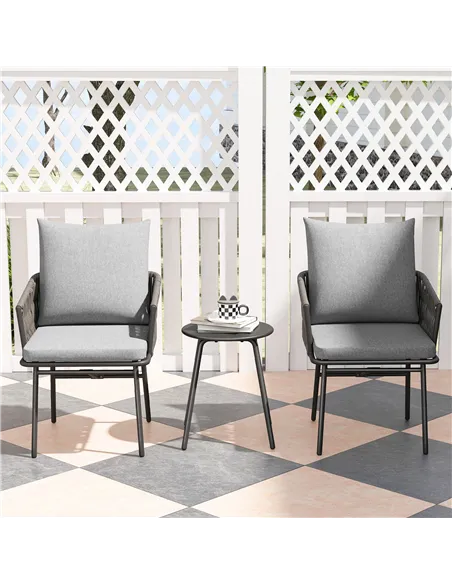 Outsunny 3-Piece Rattan Bistro Set, Garden Table and Chairs with 4 Cushions, Patio Rattan Conversation Furniture Set for Balcony