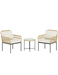 Outsunny 3 Piece Rattan Bistro Set, Wicker Garden Furniture Set with Cushions, Glass Top Coffee Table and Chairs for Outdoor, Pa