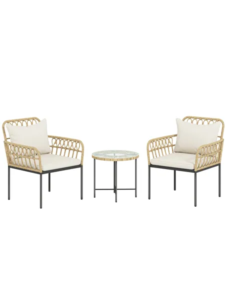 Outsunny 3 Piece Rattan Bistro Set, Wicker Garden Furniture Set with Cushions, Glass Top Coffee Table and Chairs for Outdoor, Pa