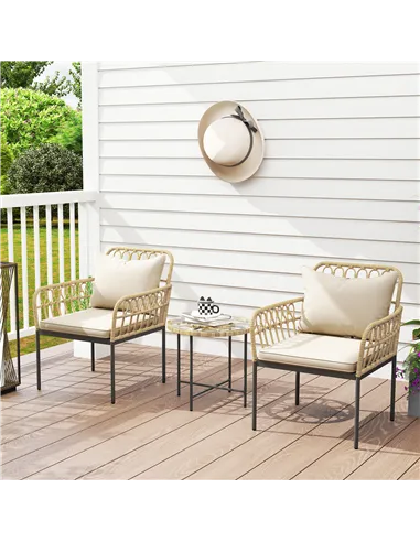 Outsunny 3 Piece Rattan Bistro Set, Wicker Garden Furniture Set with Cushions, Glass Top Coffee Table and Chairs for Outdoor, Pa