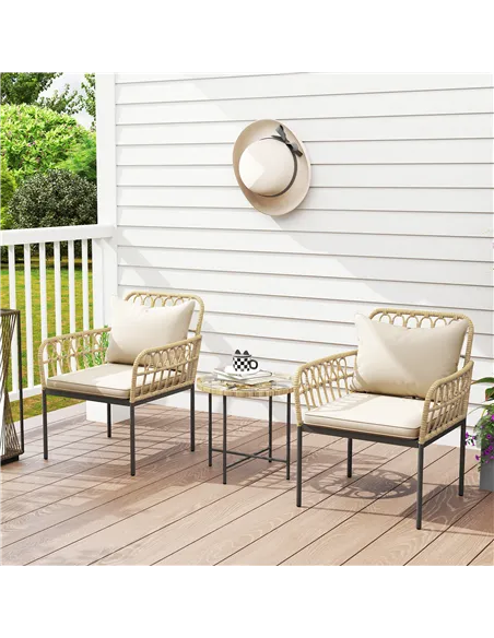 Outsunny 3 Piece Rattan Bistro Set, Wicker Garden Furniture Set with Cushions, Glass Top Coffee Table and Chairs for Outdoor, Pa