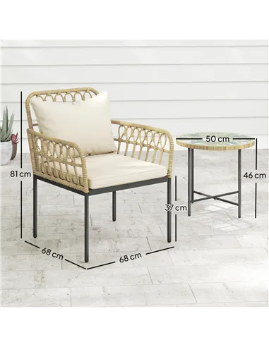 Outsunny 3 Piece Rattan Bistro Set, Wicker Garden Furniture Set with Cushions, Glass Top Coffee Table and Chairs for Outdoor, Pa