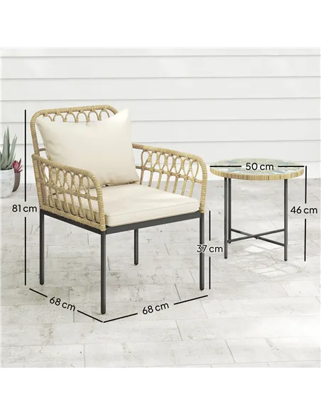 Outsunny 3 Piece Rattan Bistro Set, Wicker Garden Furniture Set with Cushions, Glass Top Coffee Table and Chairs for Outdoor, Pa