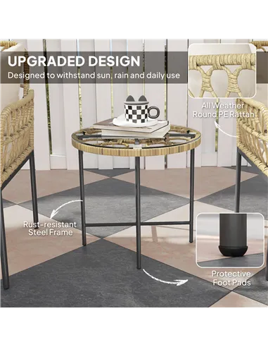 Outsunny 3 Piece Rattan Bistro Set, Wicker Garden Furniture Set with Cushions, Glass Top Coffee Table and Chairs for Outdoor, Pa