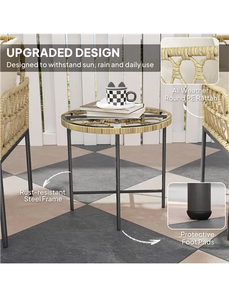 Outsunny 3 Piece Rattan Bistro Set, Wicker Garden Furniture Set with Cushions, Glass Top Coffee Table and Chairs for Outdoor, Pa