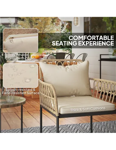 Outsunny 3 Piece Rattan Bistro Set, Wicker Garden Furniture Set with Cushions, Glass Top Coffee Table and Chairs for Outdoor, Pa