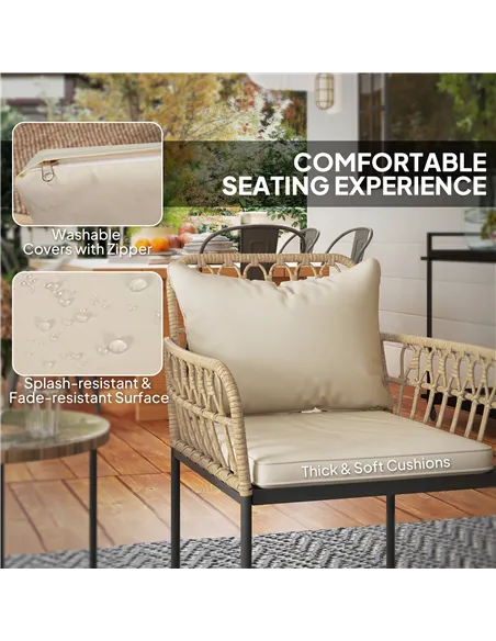 Outsunny 3 Piece Rattan Bistro Set, Wicker Garden Furniture Set with Cushions, Glass Top Coffee Table and Chairs for Outdoor, Pa