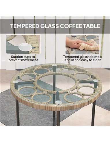 Outsunny 3 Piece Rattan Bistro Set, Wicker Garden Furniture Set with Cushions, Glass Top Coffee Table and Chairs for Outdoor, Pa