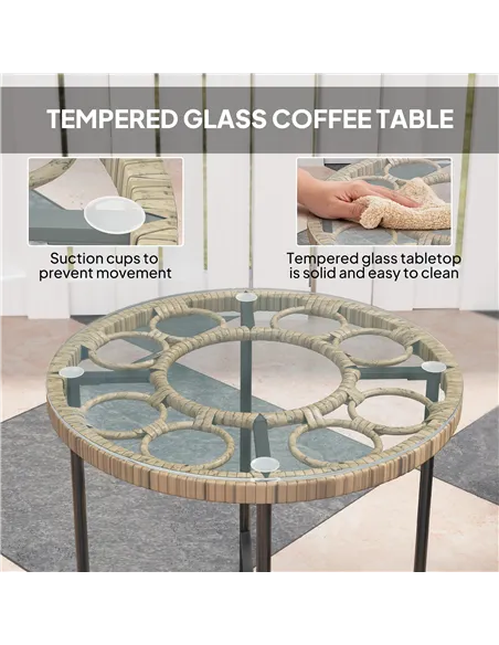 Outsunny 3 Piece Rattan Bistro Set, Wicker Garden Furniture Set with Cushions, Glass Top Coffee Table and Chairs for Outdoor, Pa