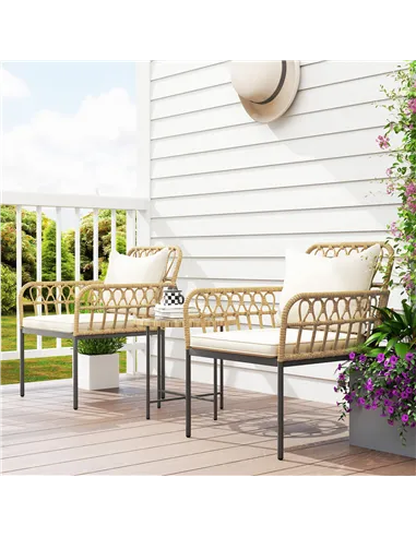 Outsunny 3 Piece Rattan Bistro Set, Wicker Garden Furniture Set with Cushions, Glass Top Coffee Table and Chairs for Outdoor, Pa