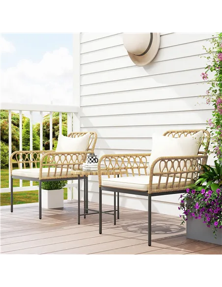 Outsunny 3 Piece Rattan Bistro Set, Wicker Garden Furniture Set with Cushions, Glass Top Coffee Table and Chairs for Outdoor, Pa