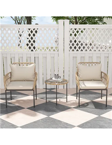 Outsunny 3 Piece Rattan Bistro Set, Wicker Garden Furniture Set with Cushions, Glass Top Coffee Table and Chairs for Outdoor, Pa