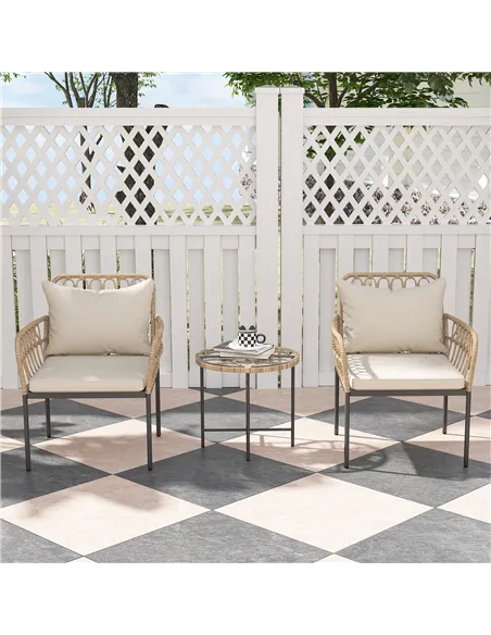 Outsunny 3 Piece Rattan Bistro Set, Wicker Garden Furniture Set with Cushions, Glass Top Coffee Table and Chairs for Outdoor, Pa