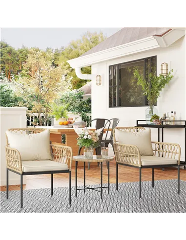 Outsunny 3 Piece Rattan Bistro Set, Wicker Garden Furniture Set with Cushions, Glass Top Coffee Table and Chairs for Outdoor, Pa