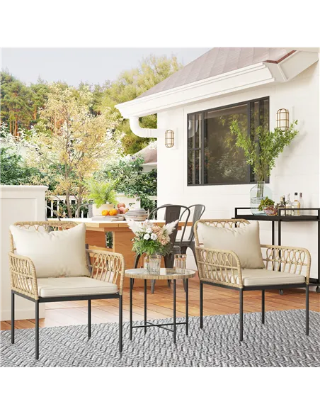 Outsunny 3 Piece Rattan Bistro Set, Wicker Garden Furniture Set with Cushions, Glass Top Coffee Table and Chairs for Outdoor, Pa