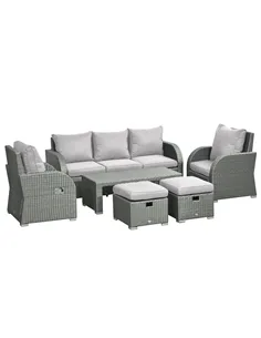 Outsunny Six-piece Outdoor Rattan Dining Set, Outdoor Sofa Set with Reclining Armchairs and Mental Frame, Grey