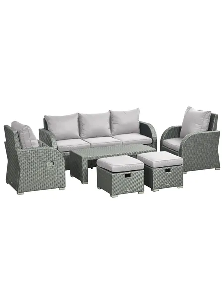 Outsunny Six-piece Outdoor Rattan Dining Set, Outdoor Sofa Set with Reclining Armchairs and Mental Frame, Grey