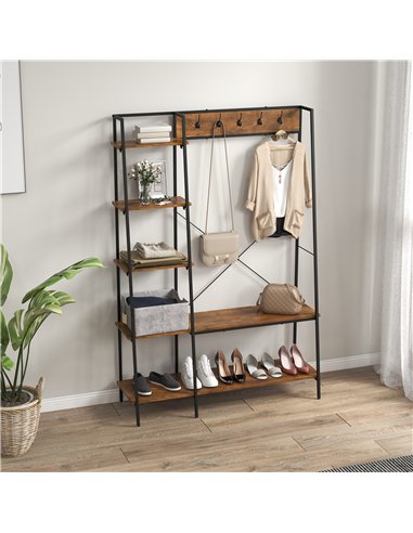 HOMCOM Clothes Rail, Metal Clothes Rack with Shoe Rack, 5 Tier Storage Shelves, 5 Side Hooks, Coat Stand for Bedroom, Living Roo