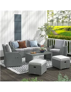 Outsunny Six-piece Outdoor Rattan Dining Set, Outdoor Sofa Set with Reclining Armchairs and Mental Frame, Grey 2