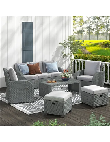 Outsunny Six-piece Outdoor Rattan Dining Set, Outdoor Sofa Set with Reclining Armchairs and Mental Frame, Grey