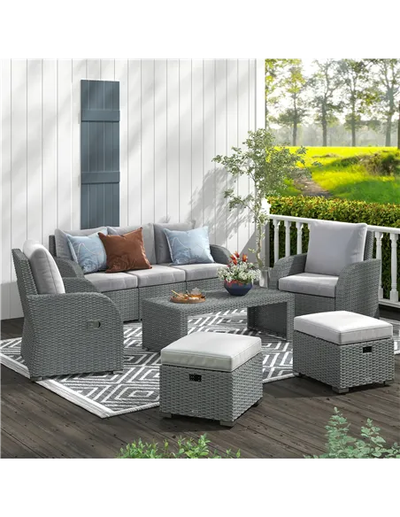 Outsunny Six-piece Outdoor Rattan Dining Set, Outdoor Sofa Set with Reclining Armchairs and Mental Frame, Grey