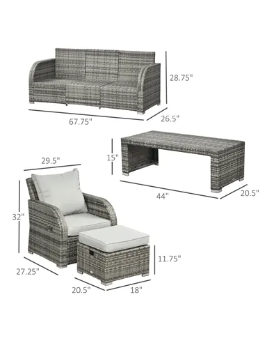 Outsunny Six-piece Outdoor Rattan Dining Set, Outdoor Sofa Set with Reclining Armchairs and Mental Frame, Grey