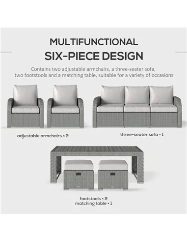 Outsunny Six-piece Outdoor Rattan Dining Set, Outdoor Sofa Set with Reclining Armchairs and Mental Frame, Grey