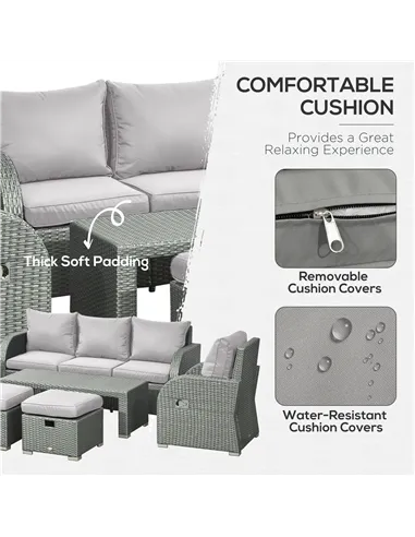 Outsunny Six-piece Outdoor Rattan Dining Set, Outdoor Sofa Set with Reclining Armchairs and Mental Frame, Grey