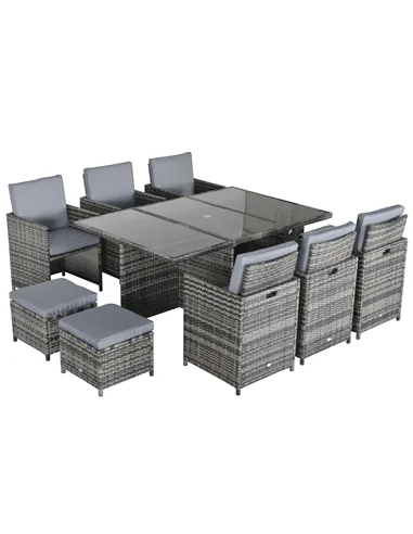 Outsunny 10 Seater Rattan Cube Garden Furniture Set with Parasol Hole, Rattan Dining Set with Cushions, Outdoor Dining Table and