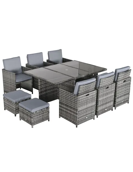 Outsunny 10 Seater Rattan Cube Garden Furniture Set with Parasol Hole, Rattan Dining Set with Cushions, Outdoor Dining Table and