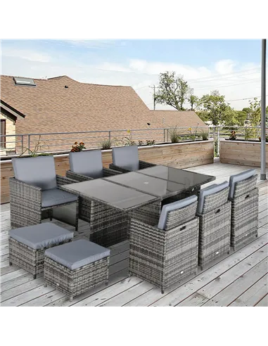 Outsunny 10 Seater Rattan Cube Garden Furniture Set with Parasol Hole, Rattan Dining Set with Cushions, Outdoor Dining Table and