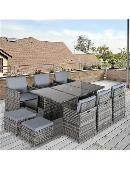 Outsunny 10 Seater Rattan Cube Garden Furniture Set with Parasol Hole, Rattan Dining Set with Cushions, Outdoor Dining Table and