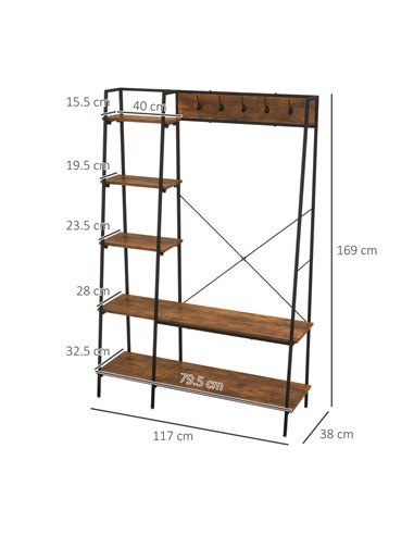 HOMCOM Clothes Rail, Metal Clothes Rack with Shoe Rack, 5 Tier Storage Shelves, 5 Side Hooks, Coat Stand for Bedroom, Living Roo
