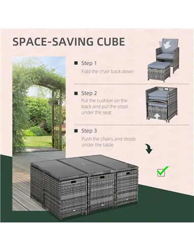 Outsunny 10 Seater Rattan Cube Garden Furniture Set with Parasol Hole, Rattan Dining Set with Cushions, Outdoor Dining Table and