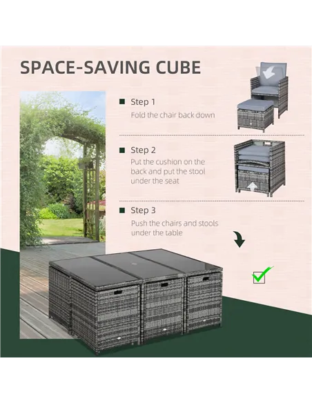 Outsunny 10 Seater Rattan Cube Garden Furniture Set with Parasol Hole, Rattan Dining Set with Cushions, Outdoor Dining Table and