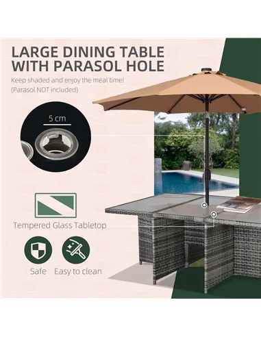 Outsunny 10 Seater Rattan Cube Garden Furniture Set with Parasol Hole, Rattan Dining Set with Cushions, Outdoor Dining Table and